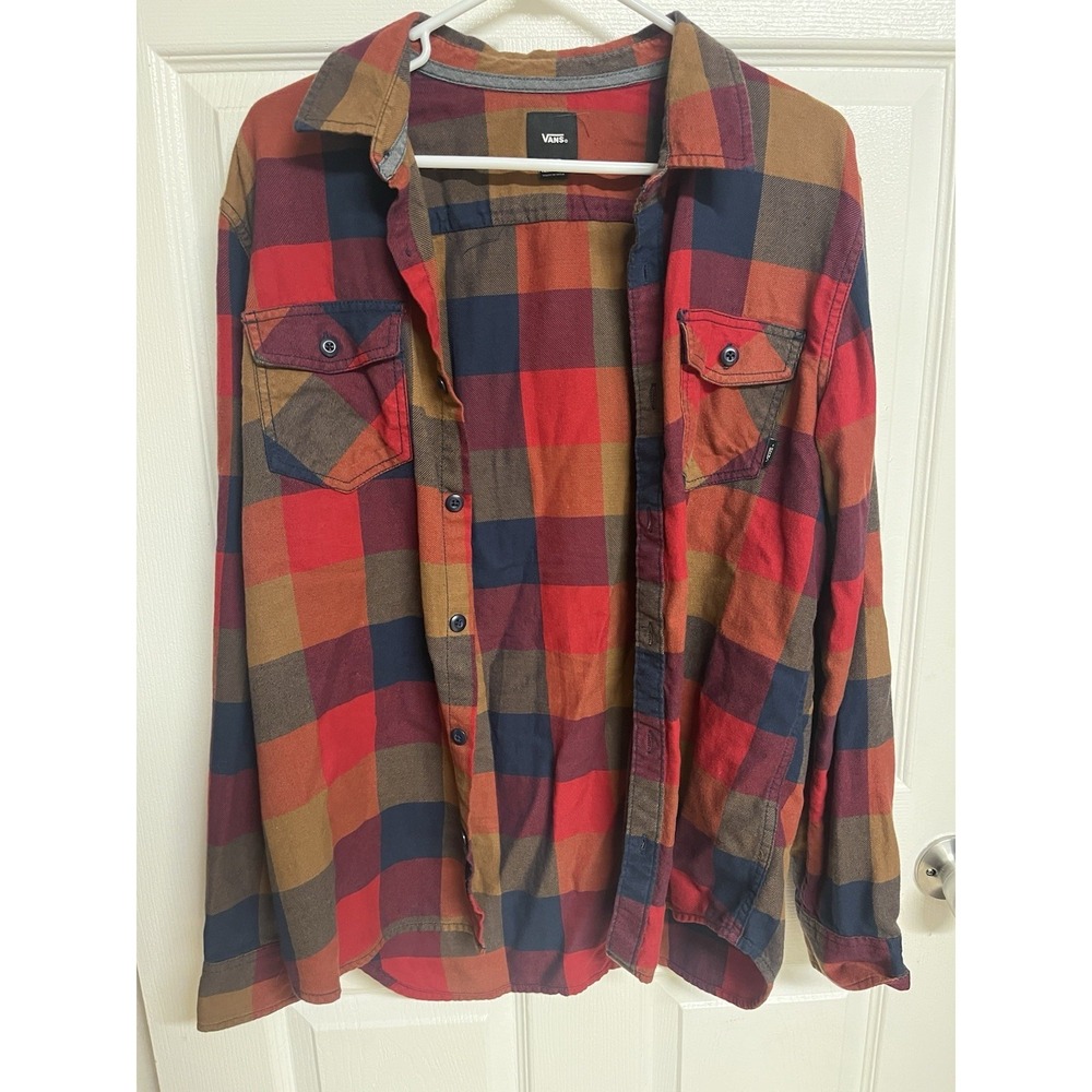 VANS Plaid Flannel Cotton Long Sleeve Button-Up Shirt Red Navy Brown Yellow M